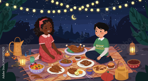 Festive evening picnic under twinkling lights with diverse children, sharing a bountiful feast