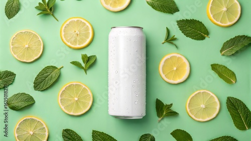 White soda can with lemon slices and fresh mint leaves on green background, a refreshing beverage presentation.