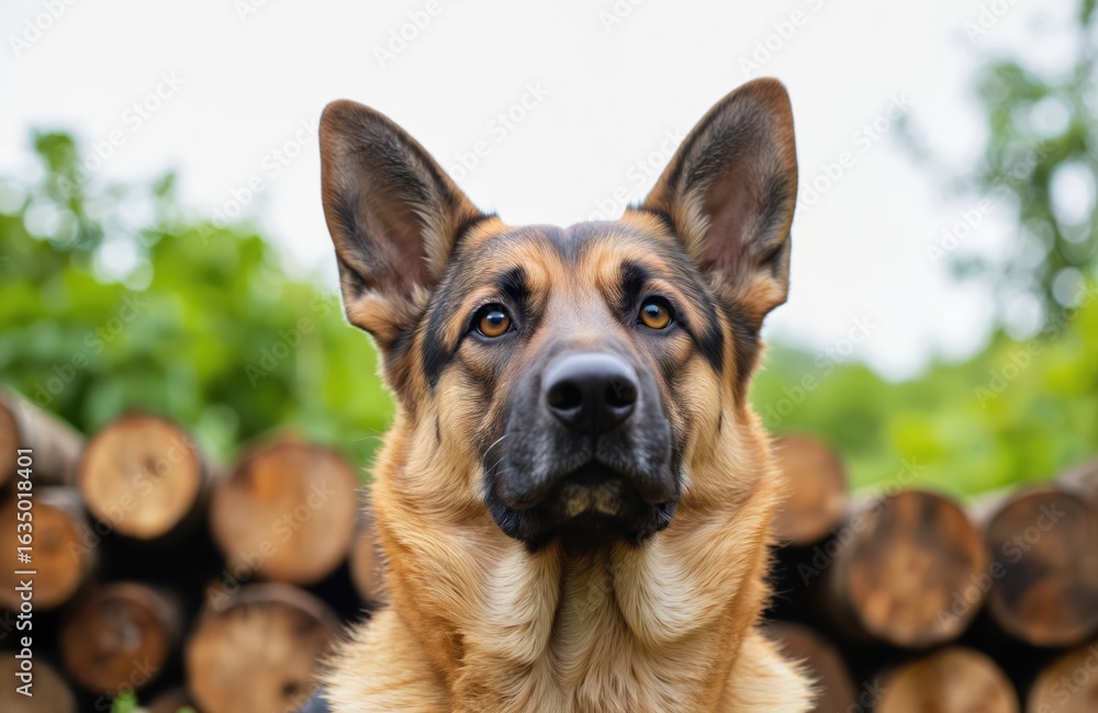 Fototapeta premium Close-up portrait of attentive German Shepherd dog with tan, black fur, gazing upwards. Animal has alert, focused eyes, stands outdoors with blurred background of stacked logs, green vegetation.