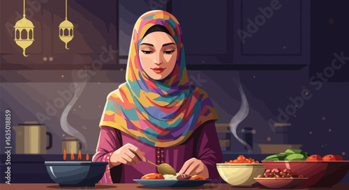 Illustration of a Muslim woman in hijab preparing a meal in her kitchen with love and passion