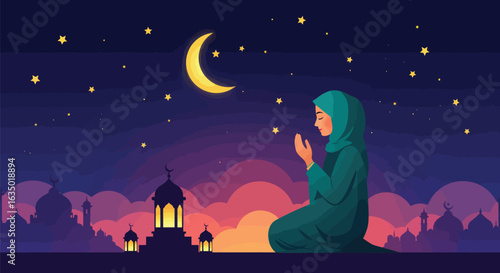Illustration of a muslim woman praying under a crescent moon and starry night in a cityscape