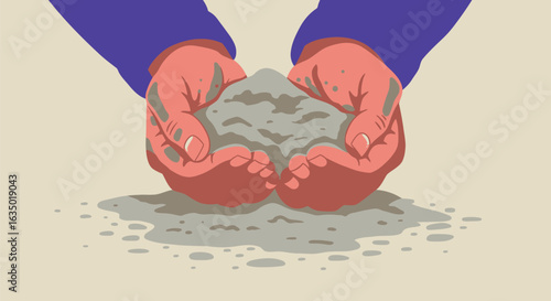 Illustration of hands cupping a mound of earth, conveying themes of fragility and environment