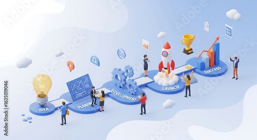 Isometric illustration of startup journey from idea to successful business with rocket ship and team members