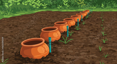 Illustrative depiction of container gardening with a sustainable irrigation system in an