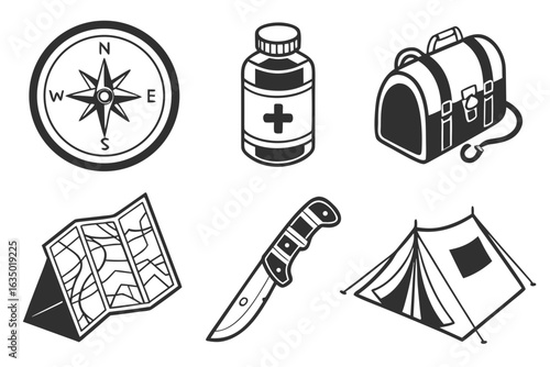 Camping and Outdoor Adventure Gear Icons.