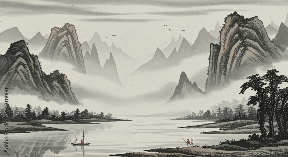 Traditional chinese ink wash landscape with misty mountains and serene river Traditional chinese ink wash landscape with misty mountains and serene river
