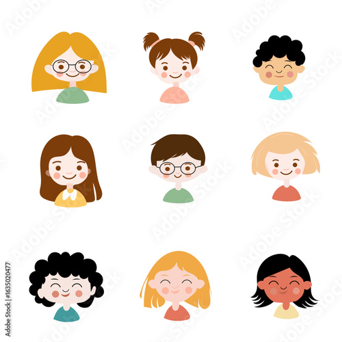Flat vector portrait of diverse children, smiling faces, clean lines, minimal details, flat vector , kid avatar isolated
