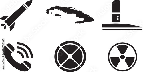 Cuban Missile Crisis Vector Illustration Set Depicting Cold War Tensions and Nuclear Threat on Transparent