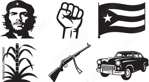 Cuban Revolution Icons Featuring Che Guevara, Fist, Flag, Sugarcane, Rifle, and Classic Car