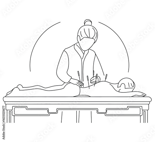 Massage Therapist Treatment Session - Professional Spa Wellness Therapy Line Art Vector Illustration