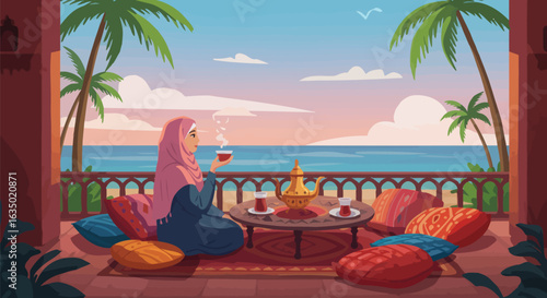 Muslim woman enjoying tranquil tea time on a tropical balcony with ocean scenery