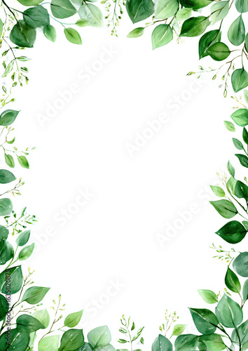 Green Leaf Watercolor Frame Displays Fresh Foliage. Use for wedding invitations, branding, or posters.