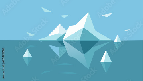 Geometric icebergs floating in calm blue water