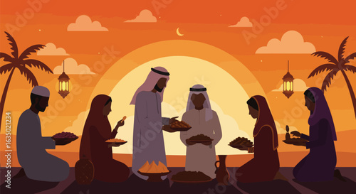 Ramadan evening gathering illustration showcasing tradition and community spirit with cultural