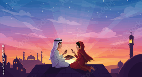 Romantic Iftar evening with couple enjoying dates on a rooftop during Ramadan against a vibrant