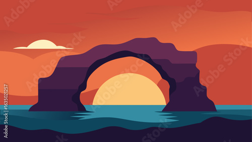 Sunset arch rock formation over ocean