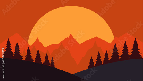 Vibrant sunset over mountain peaks and pine forest