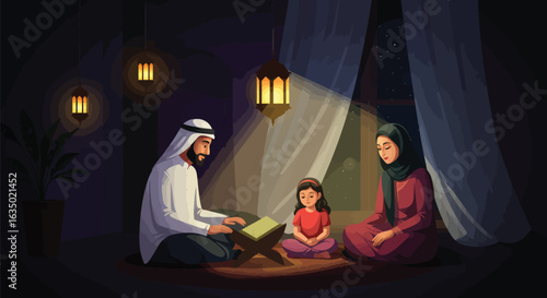 Serene depiction of an arab family reading together beneath the soft glow of lanterns at night
