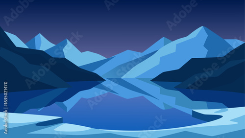 Serene mountain lake reflection at dusk
