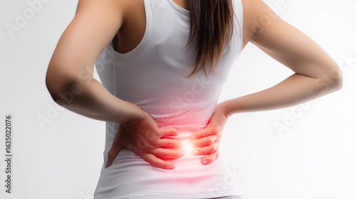 Woman experiencing lower back pain while holding her back in a natural setting indoors