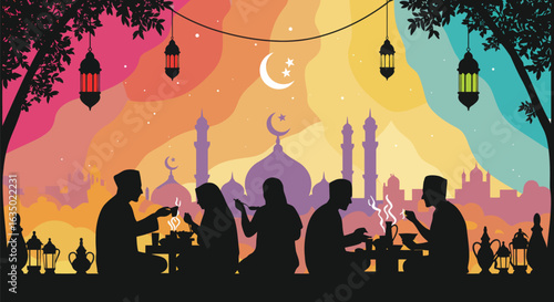 Silhouette of a family enjoying an evening meal under lanterns with a colorful cityscape backdrop