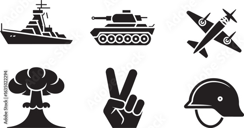 Naval Warfare and Peace Icons Set Battleship Tank Airplane Mushroom Cloud Hand Sign Helmet Vector