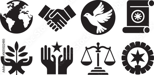 Peace and Diplomacy Icons Set Depicting Global Unity, Agreement, and Harmony in Black and White