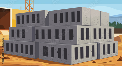 Stacked concrete blocks on a construction site with a crane and under construction structure