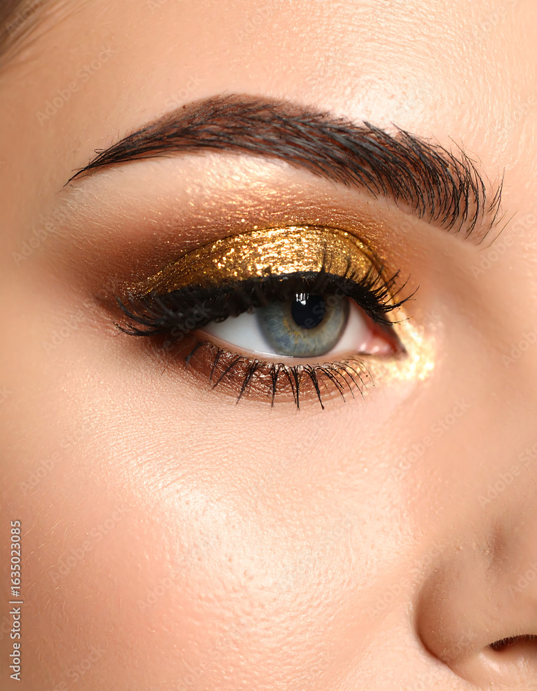 Obraz premium Close-up of an eye with glamorous golden makeup.