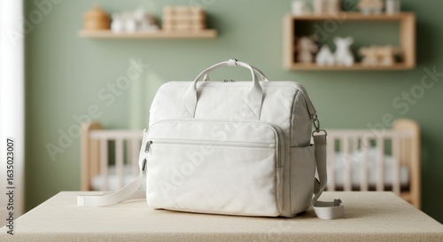 Diaper bag sitting on table in nursery for new parents, practical and stylish. Diaper bag provides essential storage for baby supplies, offering convenience and organization.