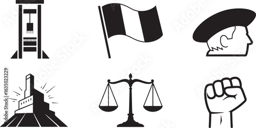 Revolution and Justice Icons Vector Set: Guillotine, Flag, Profile, Factory, Scales, Fist Symbols