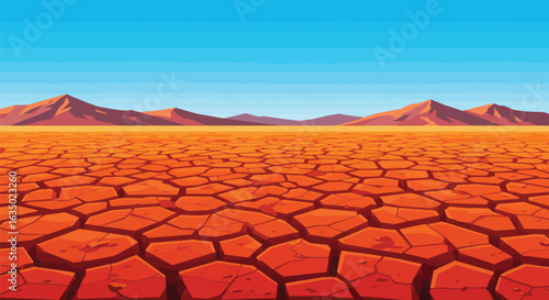 Stylized desert landscape with cracked earth and distant mountains under a clear sky