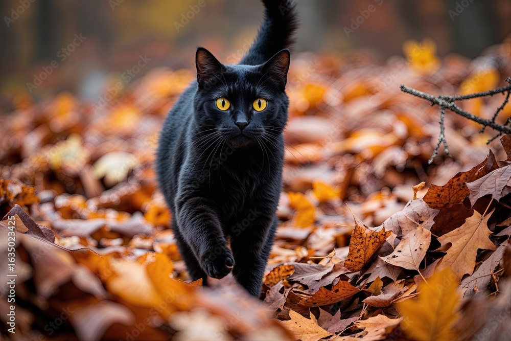 Fototapeta premium Black Cat with Glowing Yellow Eyes Playing in Colorful Autumn Leaves