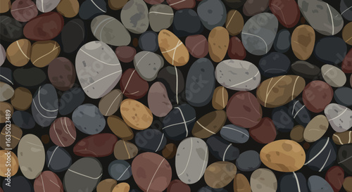 Stylized pebble arrangement with distinct markings evoking peaceful contemplation and natural