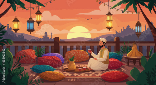 Sunset contemplation with traditional lanterns and cityscape creates peaceful ambiance