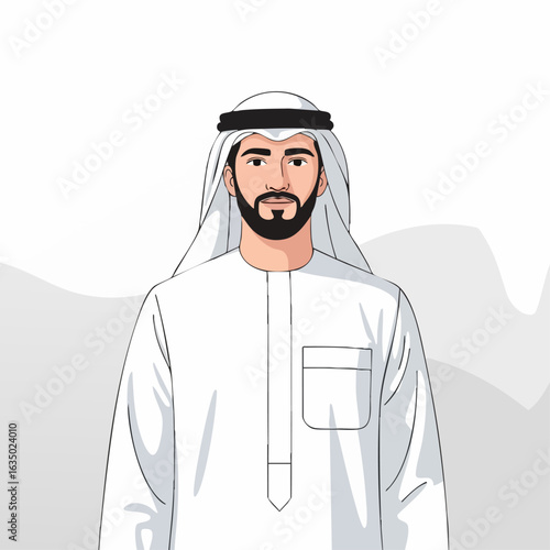 Man in traditional Emirati attire, vector illustration, neutral expression, against a light background, for website profiles