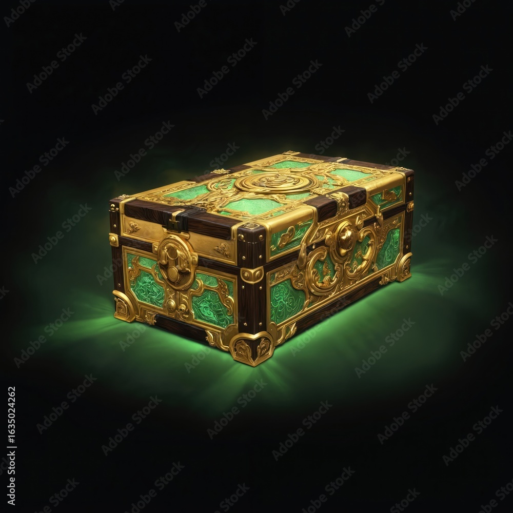 Obraz premium Ornate, antique Chinese treasure chest, gold, wood, emerald green panels. Intricate carvings, locking mechanism details. Stylized, cartoonish aesthetic with glowing green accents. Represents wealth,