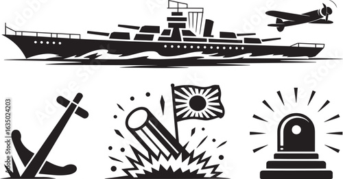 World War II Era Iconography Set Depicting Naval Warfare and Military Symbols in Vector Art
