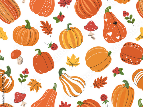 Autumn pumpkin cartoon pattern folk pumpkins, mushrooms, berries and leaves. Decorative seamless background. Autumn texture for Thanksgiving, harvest and Halloween and other seasonal designs.