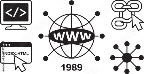 World Wide Web Development Icons Set Depicting Coding, HTML, Hyperlinks, and Network Connections in Black