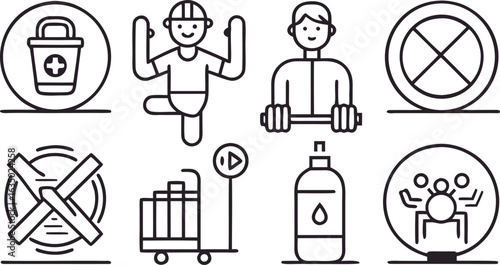 Collection of Simple Line Art Icons Representing Health Fitness and Travel medical