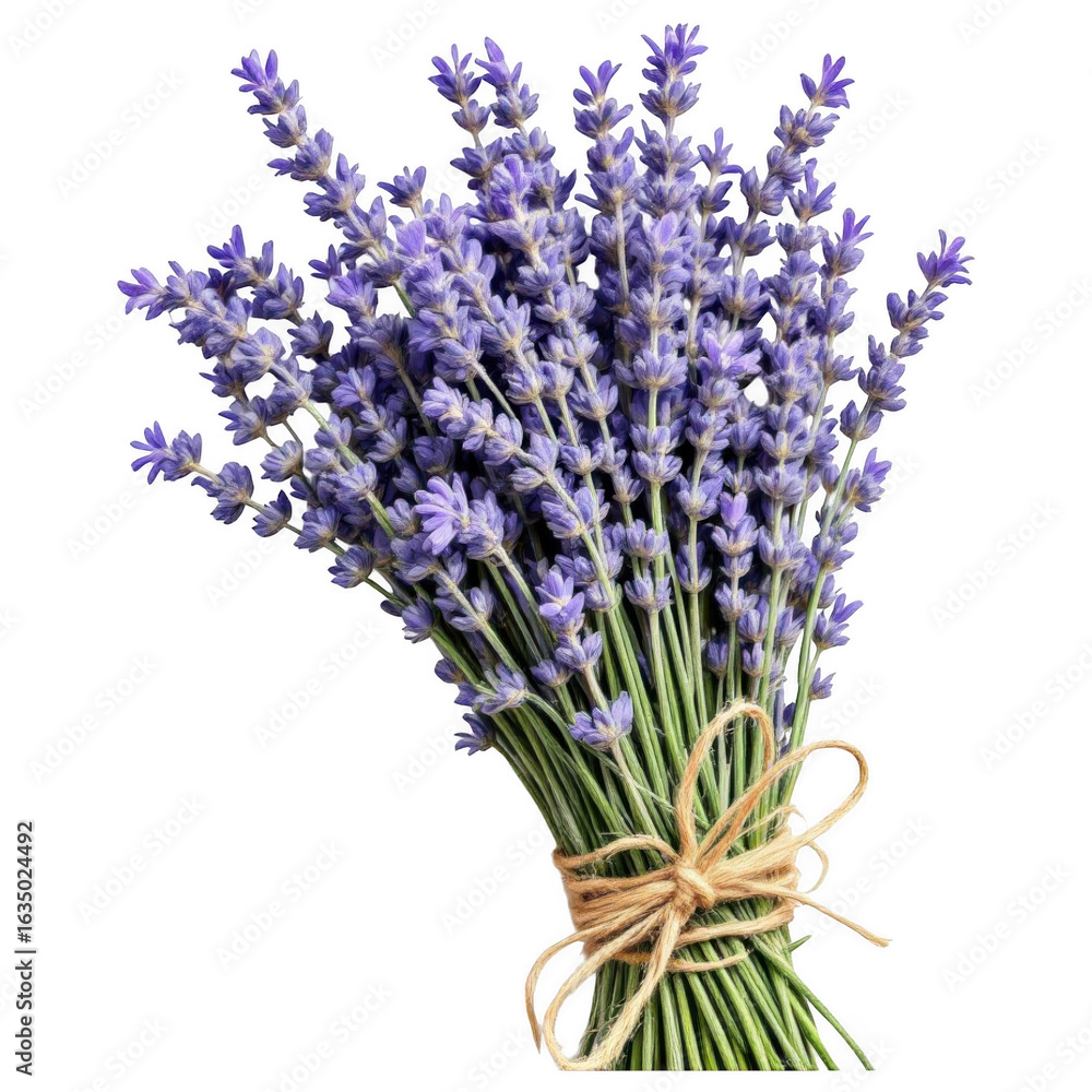 Fototapeta premium Lavender Bouquet: A vibrant display of fragrant lavender flowers bound together with natural twine, a close-up shot showcasing their vivid hues and intricate details.
