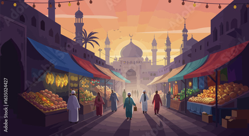 Vibrant market ambiance, showcasing a lively scene with individuals amidst architectural charm