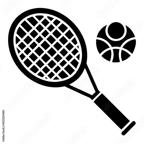 Tennis Racket and Ball Flat Icon, Black Accent, Transparent Background