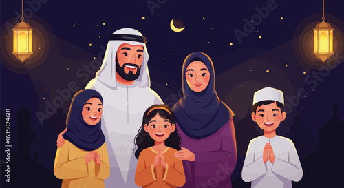 Warm islamic family illustration conveying tradition values and cultural celebration at night