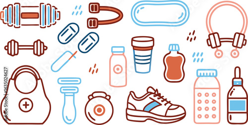 Fitness equipment and health supplements in a doodle style with blue and brown colors Keywords: fitness, health, workout