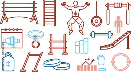 Gym equipment and workout accessories with pull up bars and weights Keywords: gym, equipment, workout, exercise, training