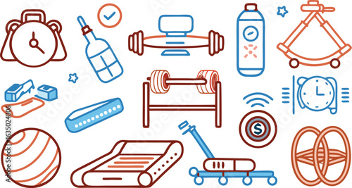 Mixed Media Fitness Icons with Dumbbells, Treadmill, and Alarm Clock health exercise