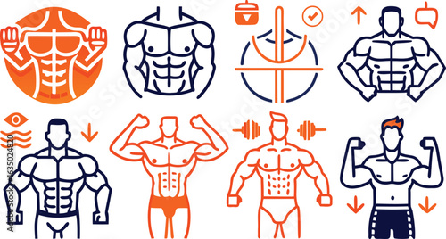 Muscular Male Bodybuilder Icons in Outline Style with Orange and Blue Accents fitness health