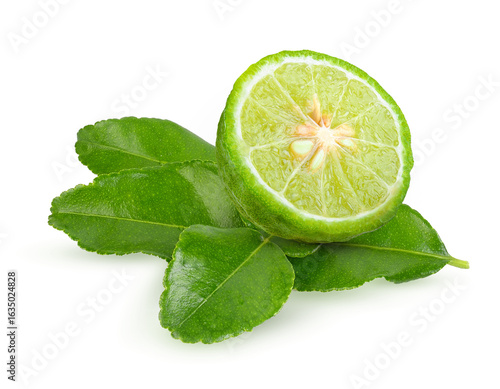 Bergamot kaffir lime leaves herb fresh ingredient isolated on transparent.